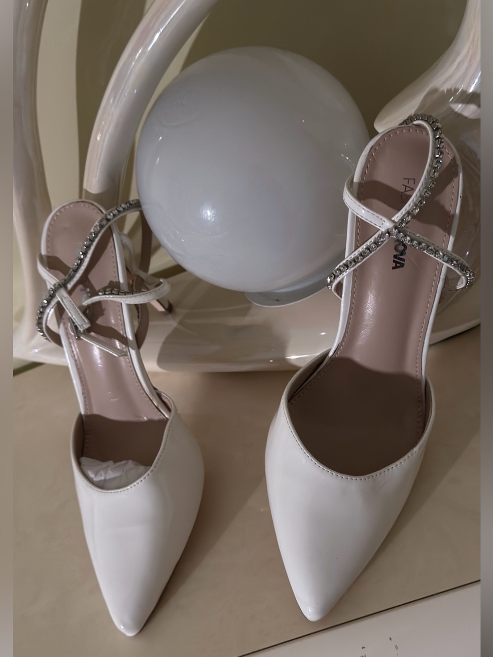 Fashion Nova White Patent Pointed Slingback Heels with Rhinestone Straps